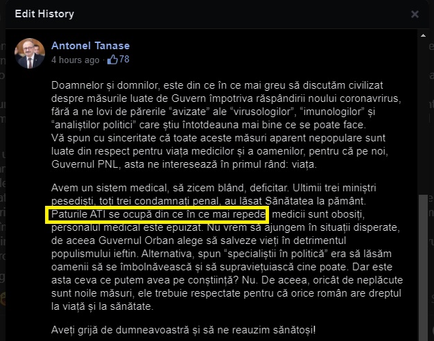 Secretarul general al Guvernului: „Toate paturile ATI sunt ocupate” / După două ore, Antonel Tănase s-a răzgândit / Sursă FOTO: Antonel Tănase - Facebook