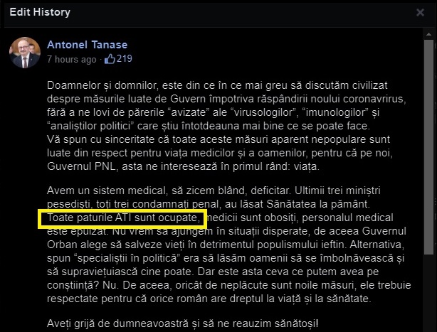 Secretarul general al Guvernului: „Toate paturile ATI sunt ocupate” / După două ore, Antonel Tănase s-a răzgândit / Sursă FOTO: Antonel Tănase - Facebook