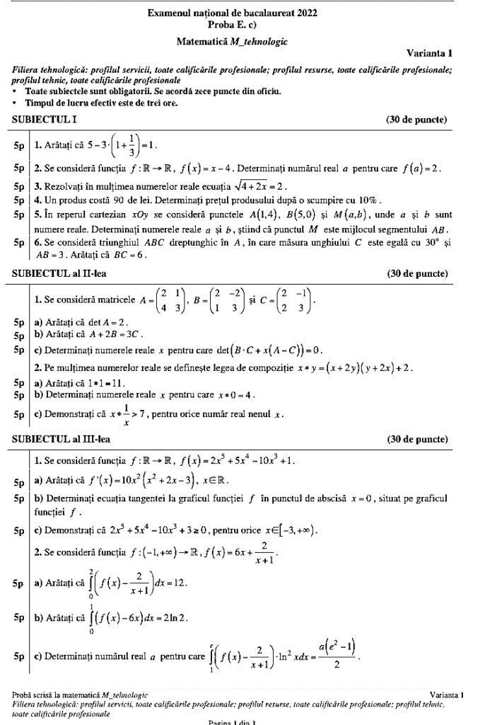 Subiecte matematică tehnologic Bacalaureat 2022 – toate calificările / Sursa: Edupedu.ro