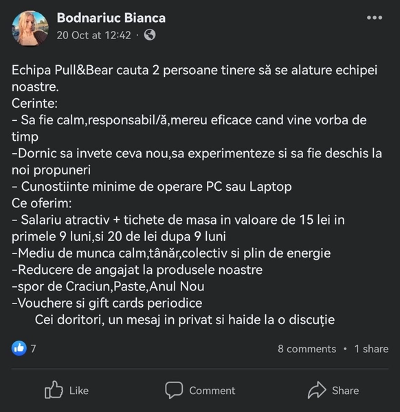 Iulian din Iași a găsit pe Facebook un anunț de angajare la Pull&Bear. A plătit 450 de lei „taxă de training”, dar ce a urmat depășește orice imaginație / Sursa foto: BZI