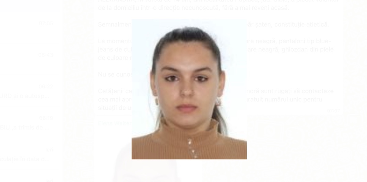 SIBIU Adolescentă în vârstă de 14 ani dispărută de acasă