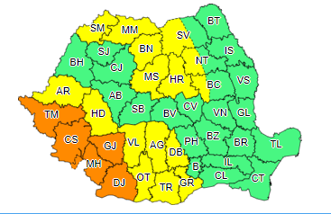 Avertizarea meteorologică cod galben de instabilitate atmosferică intră în vigoare de miercuri, de la ora 12:00 şi este valabilă până joi, la ora 10:00.