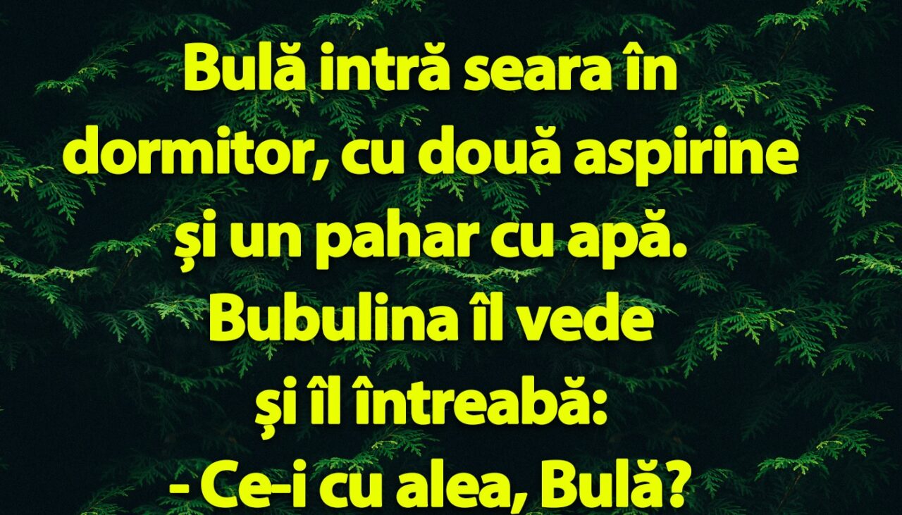 BANC | Bulă intră seara în dormitor, cu două aspirine și un pahar cu apă