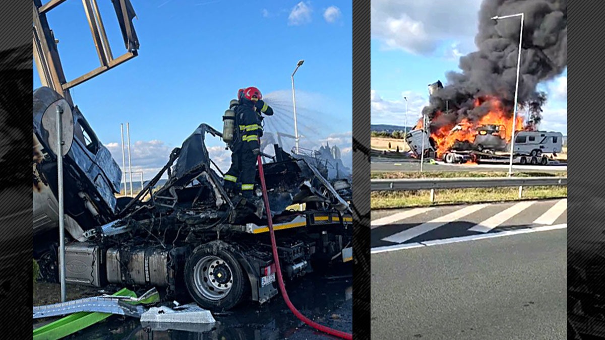 VIDEO | Un TIR care transporta rulote a luat foc după ce a lovit totemul unei benzinării, pe A1, în județul Timiș