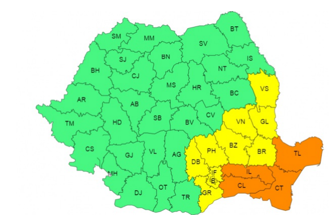 ANM, avertizare de cod galben și portocaliu. Harta zonelor afectate